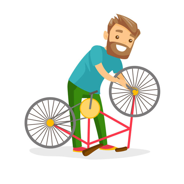 Белый кавказский человек работает в веломастерской
.