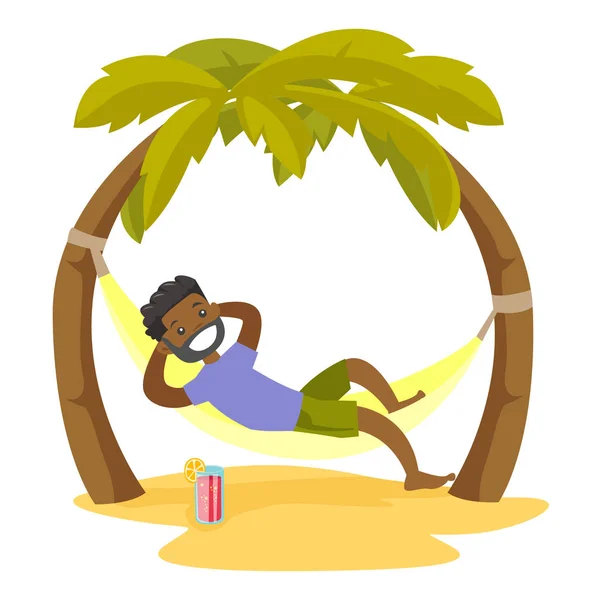 Αφροαμερικανός άντρας ξαπλωμένος στην αιώρα στην παραλία — Διανυσματικό Αρχείο