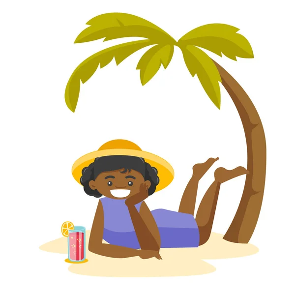 非洲妇女躺在沙滩下的棕榈. — 图库矢量图片