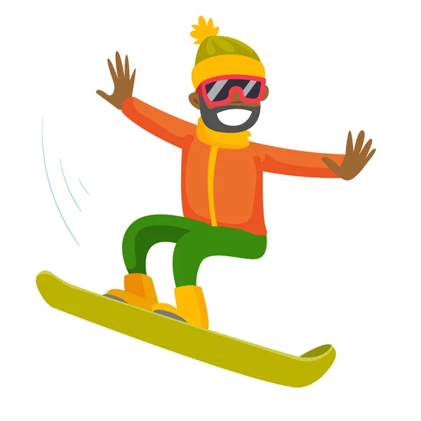 Joven negro montando una tabla de snowboard . — Vector de stock