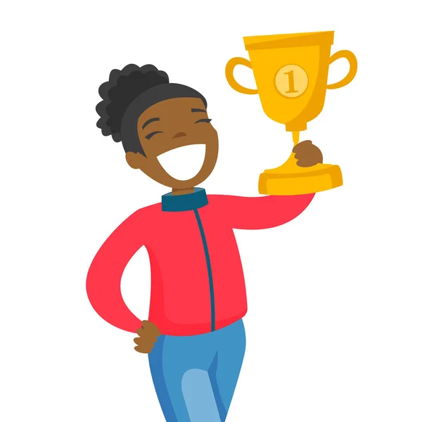 Black sportswoman rewarded with a gold trophy. — Stock Vector