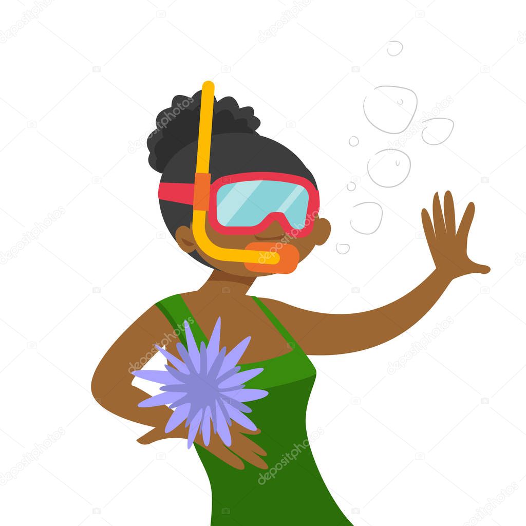 Young african-american woman swimming underwater.