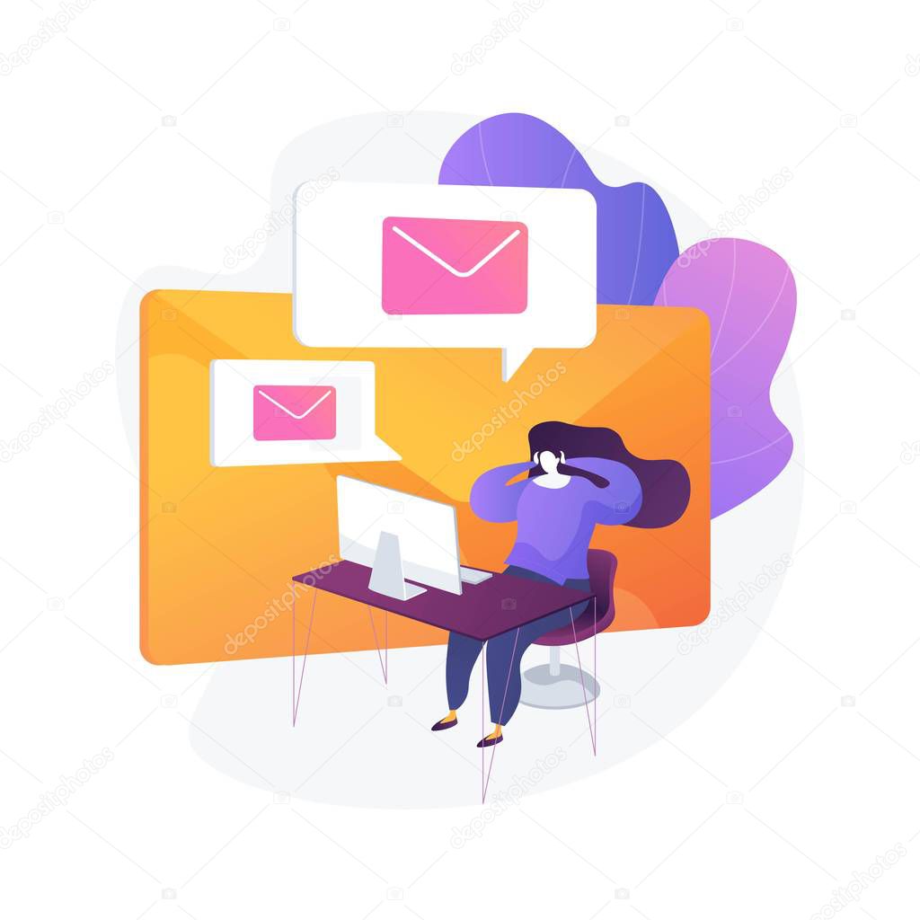 Email service, online correspondence, internet communication. Electronic mail box, message bunch, incoming letters. Female addressee cartoon character. Vector isolated concept metaphor illustration.