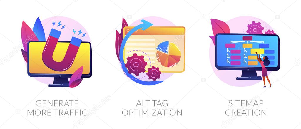 Website promotion services icons set. Search engine optimization business. Generate more traffic, alt tag optimization, sitemap creation metaphors.