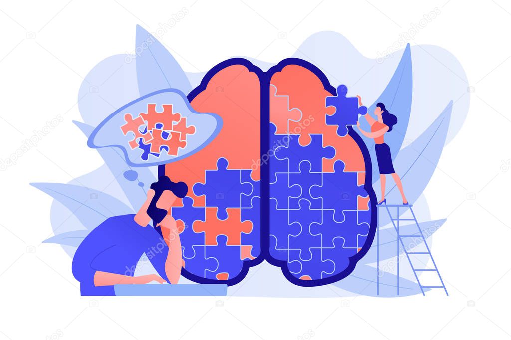 Man doing human brain puzzle. Psychology and psychotherapy session, mental healing and wellbeing, therapist counselling mental illness and difficulties violet palette. Vector isolated illustration.