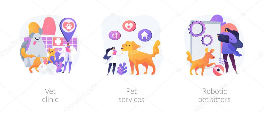 Pets medical service and entertainment vector concept metaphors