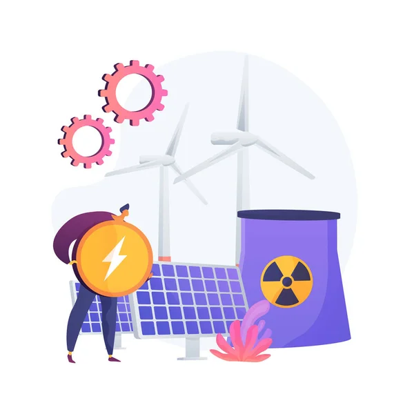 Atomic reactor, windmill and solar battery, energy production vector concept metaphor. — Stockvector