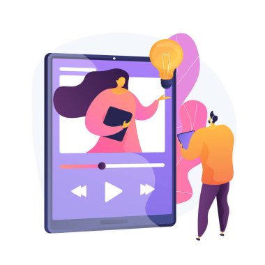 Video dersi izleme. Çevrimiçi ders, internet kursu, dijital ders. Özel çizgi film karakteri. Video görüşmesi, seminer, uzaktan eğitim. Vektör izole kavram metaforu.