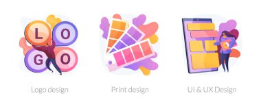Profesyonel grafik tasarımcısı, sanat stüdyosu servisi. Kullanıcı arayüzü, deneyim geliştirme. Logo tasarımı, baskı tasarımı, Ui ve Ux tasarım metaforları. Vektör izole kavram metaforları
