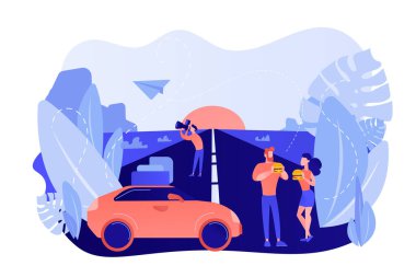 Aile otoyolda tatilin tadını çıkarıyor. Manzaralı gün batımı görüntüsü. Yolculuk, yolculuk, araba konseptiyle seyahat. Pembemsi mercan mavisi çizimi