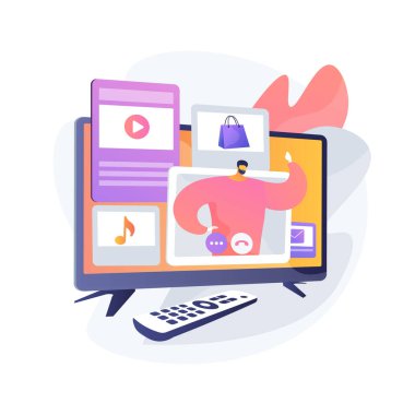 Ücretli programlama fikri. Ticaret yayını. Akıllı televizyon, uzaktan kumanda. Reklam, televizyon reklamı, modern teleskopçuluk. Vektör izole kavram metaforu