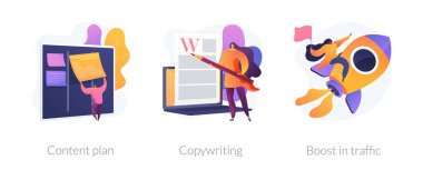 İnternet sitesi tanıtımı, Seo strateji simgeleri. Seyirci artışı, iş çözümleri. İçerik planı, metin yazarlığı, trafik metaforlarında artış. Vektör izole kavram metaforları