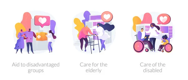比喩を必要とする人々のための社会的支援 恵まれない人々への援助 高齢者へのケア 障害者への支援 非営利 任意サービス抽象概念ベクトル図セット — ストックベクタ