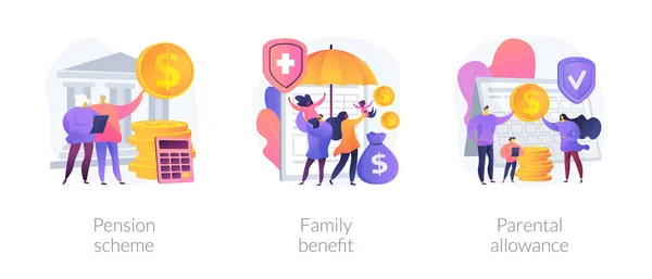 社会保障の支払いの比喩 家族税の利点 年金制度 親の手当 子育てのためのお金のサポート 保険抽象概念ベクトル図セット — ストックベクタ