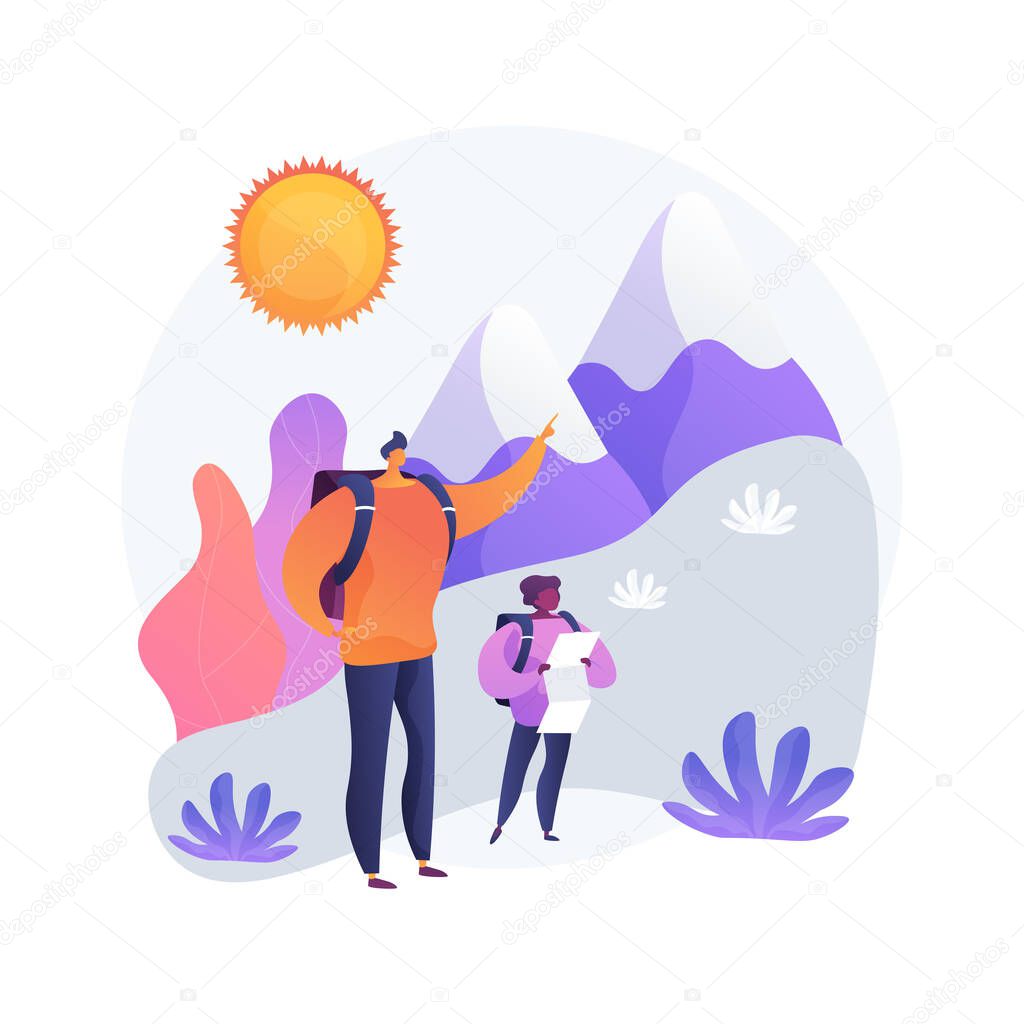 Summer hiking tour. Mountain trekking, outdoor activity, family vacation. Father and son, hikers with map exploring natural environment. Vector isolated concept metaphor illustration