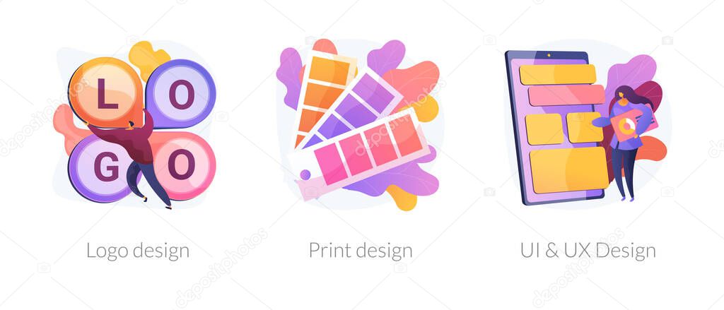 Professional graphic designer, art studio service. User interface, experience development. Logo design, print design, UI and UX design metaphors. Vector isolated concept metaphor illustrations
