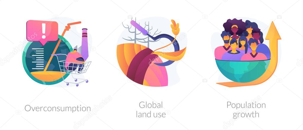 Eco problems. Bad land management idea. Human overpopulation, resource depletion. Overconsumption, global land use, population growth metaphors. Vector isolated concept metaphor illustrations