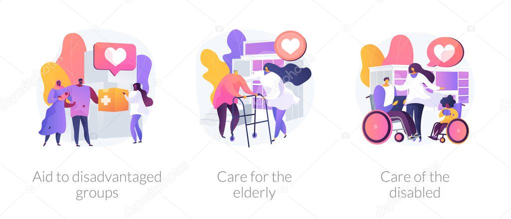 Social support for people in need metaphors. Aid to disadvantaged groups, care for elderly, help for disabled. Non profit, voluntary services abstract concept vector illustration set.
