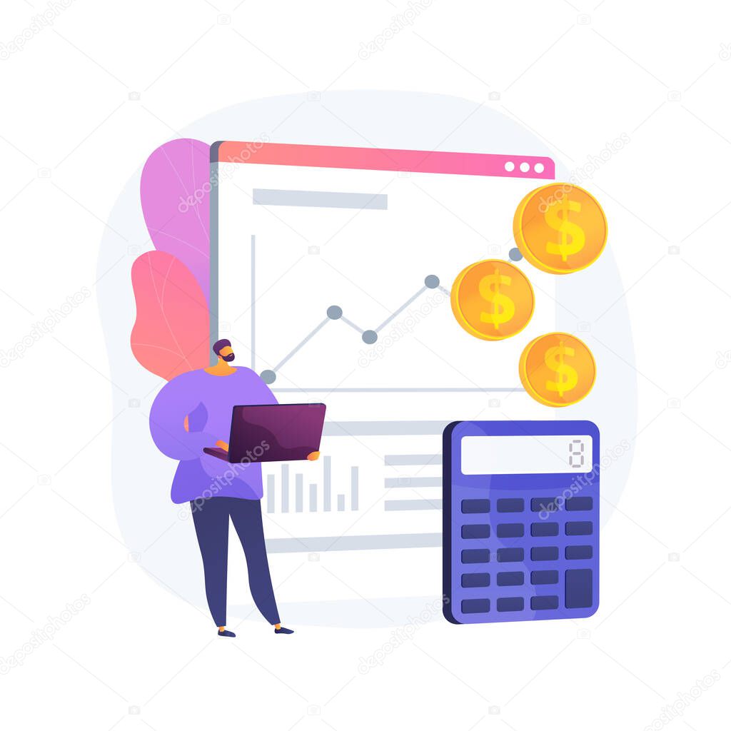 Business accounting, profit growth, calculation. Data analysis, analytics and statistics. Accountant, bookkeeper with laptop cartoon character. Vector isolated concept metaphor illustration.