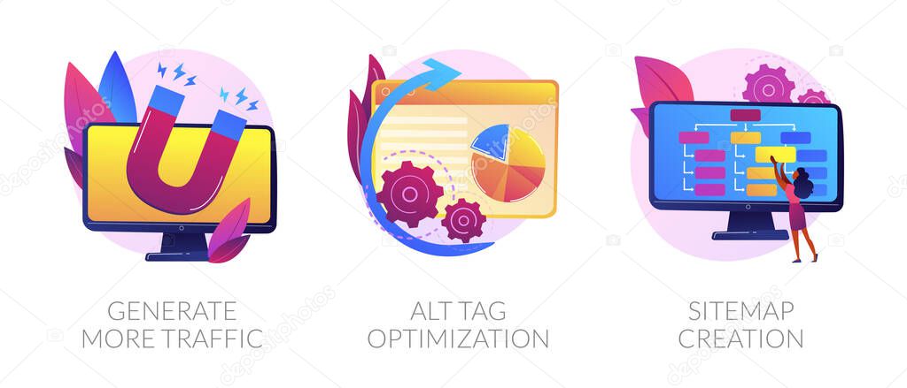 Website promotion services icons set. Search engine optimization business. Generate more traffic, alt tag optimization, sitemap creation metaphors. Vector isolated concept metaphor illustrations.