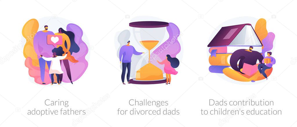 Children raising metaphors. Single father teaching son. Kids home education, divorced dads challenges, caring adoptive parents. Family life abstract concept vector illustration set.