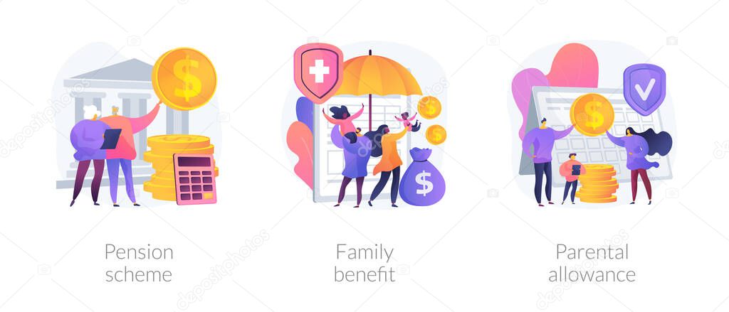 Social security payments metaphors. Family tax benefit, pension scheme, parental allowance. Money support for raising children, insurance abstract concept vector illustration set.