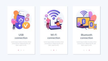 Uzaktan bağlı aygıtlar. Kablosuz internet yönlendirici, modem, veri depolama cihazı. USB bağlantısı, Wi-Fi bağlantısı, Bluetooth bağlantı metaforları. Web sitesi şablonu - kavram metaforları..