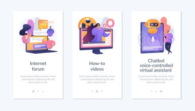 Uzaktan iletişim, yaşam medyası, otomatik online yardımcı. İnternet forumu, nasıl yapılacağı videoları, ses kontrollü sanal metaforlar. Mobil uygulama UI arayüz kablo şablonu.