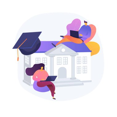Uzaktan öğrenen insanlar. Evde eğitim, uzaktan öğrenme, online üniversite. Dizüstü bilgisayarlı üniversite öğrencileri, internet eğitimi kursları. Vektör izole kavram metaforu