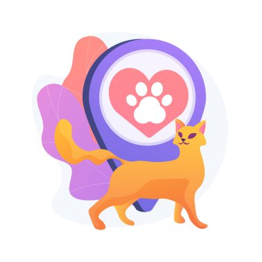 Hayvan dostu bölge. Evcil hayvanlar, kedi severler kafesi, kedi merkezi. Kırmızı kalp işaretinde evcil pati silueti. Hayvanların otel sembolü. Vektör izole kavram metaforu