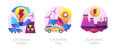 Çevre dostu teknoloji, çevre koruma, doğal kaynak ikonları ayarlandı. Sürdürülebilir enerji, alternatif yakıt, jeotermal enerji metaforları. Vektör izole kavram metaforları