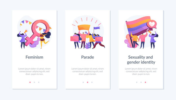 Women empowerment movement, gay pride demonstration, asserting rights icons set. Feminism, parade, sexuality and gender identity metaphors. Mobile app UI interface wireframe template.