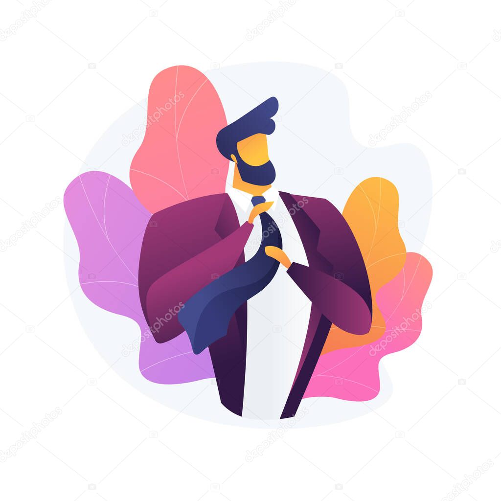 Men style and fashion. Male clothes, elegant apparel, stylish accessories. Handsome man wearing luxury jacket. Bearded macho fixing tie. Vector isolated concept metaphor illustration
