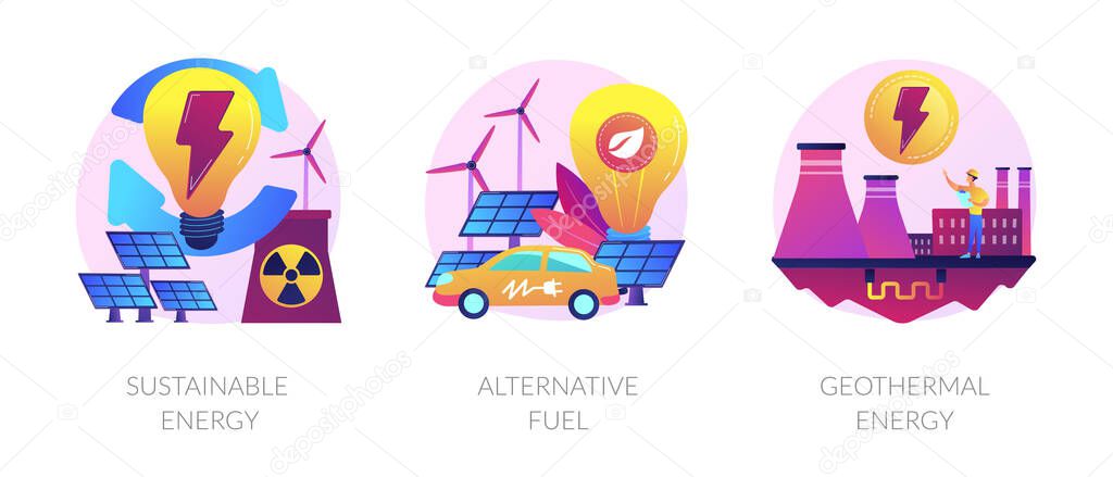 Eco friendly technology, environment preservation, natural resources icons set. Sustainable energy, alternative fuel, geothermal energy metaphors. Vector isolated concept metaphor illustrations