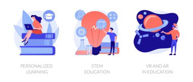 Kişisel çalışma programı, akademik sistem, fütüristik teknoloji ikonları. Kişisel öğrenim, kök eğitim, eğitim metaforlarında VR ve Ar. Vektör izole kavram metaforları