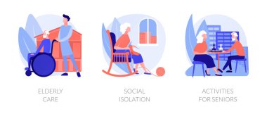 Senior people support flat icons set. Pensioners loneliness problem. Elderly care, social isolation, activities for seniors metaphors. Vector isolated concept metaphor illustrations. clipart