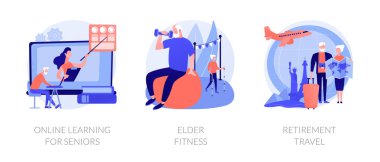 Emekliler için düz ikonlar. Büyük anne ve büyük baba bir gezi planlıyor. Yaşlılar için çevrimiçi öğrenme, yaşlı fitness, emeklilik seyahat metaforları. Vektör izole kavram metaforları.