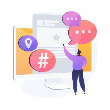 Mikroblog platform kullanıcısı. Sosyal medya iletişimi, blog yazarları aracı, kısa mesajlar paylaşımı. Mikroblog paylaşımı, yorum, tartışma. Vektör izole kavram metaforu