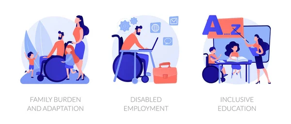 障害者支援とリハビリテーションフラットアイコンを設定します 障害者の社会的適応 障害者雇用 インクルーシブ教育の比喩 ベクトル分離概念メタファーイラスト — ストックベクタ