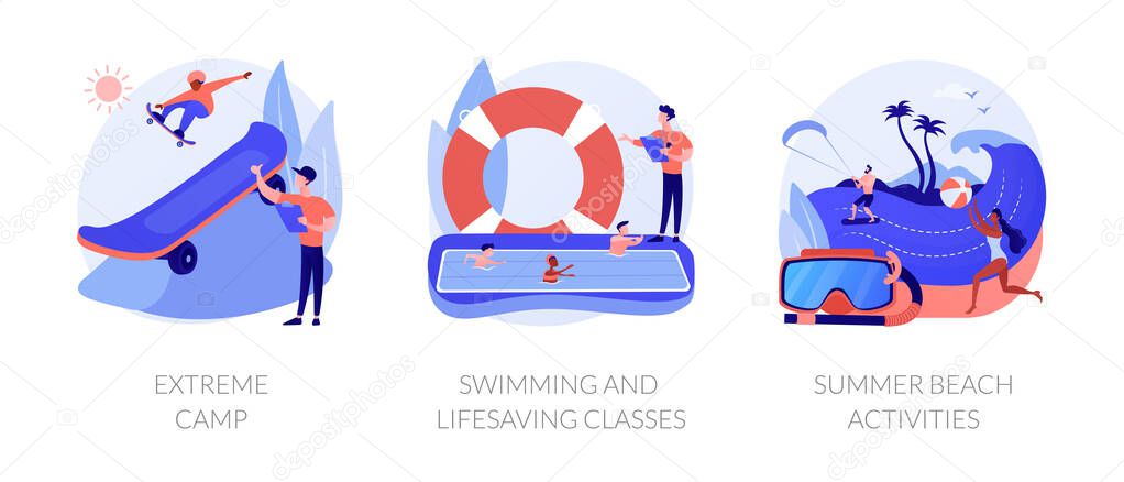 Active hobby and recreation flat icons set. Summer leisure. Extreme camp, swimming and lifesaving classes, summer beach activities metaphors. Vector isolated concept metaphor illustrations.