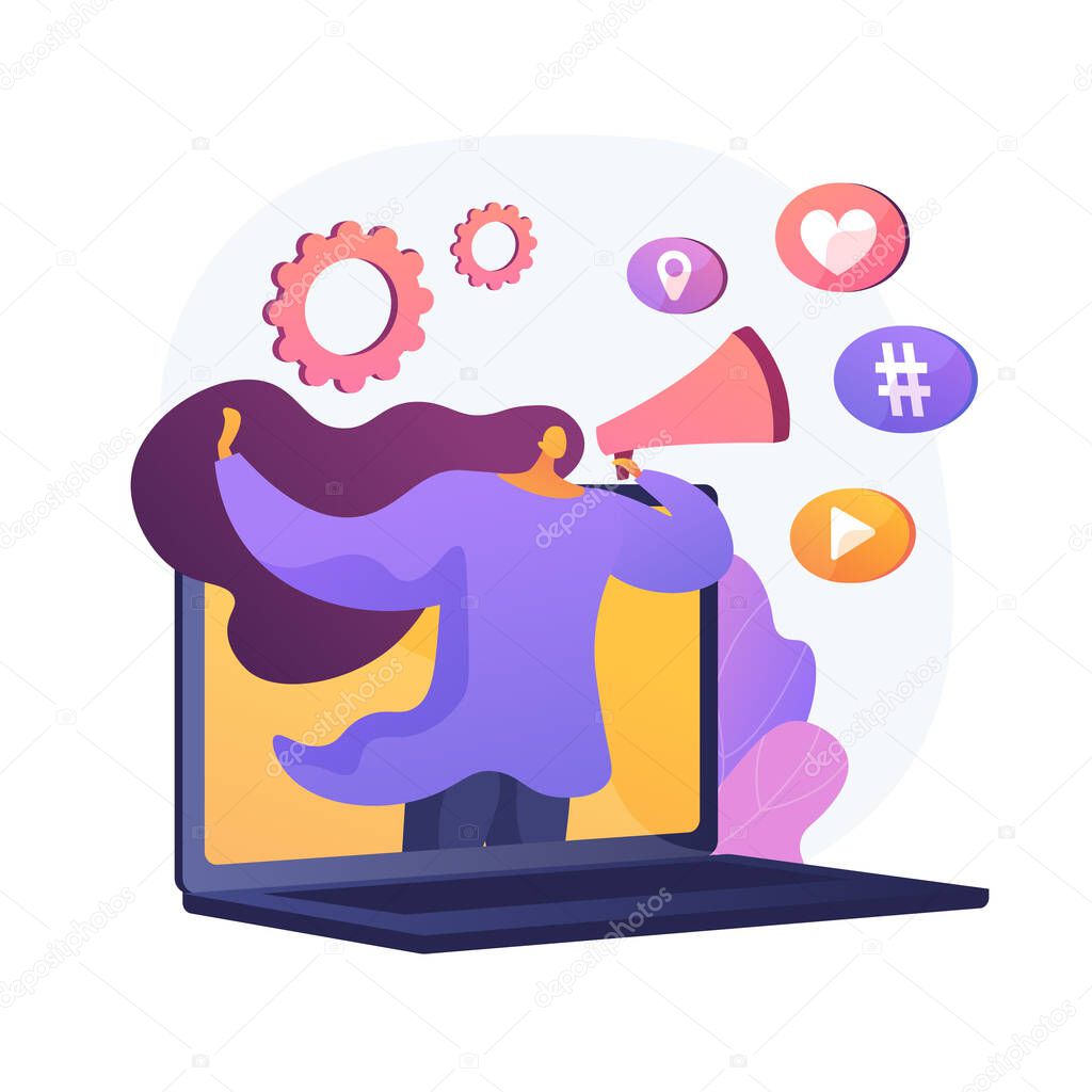 Internet marketing. Girl with loudspeaker making announcement. Advertisement, commercial, notification. Using social network to promote goods. Vector isolated concept metaphor illustration