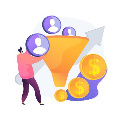 Yönetici hedef kitle çizgi film karakteri ile çalışıyor. Pazarlama süreci, müşteri dönüşümü, web sitesi ziyaretçileri. Lider nesil, müşteri çekiciliği. Vektör izole kavram metaforu