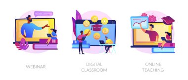 Eğitim web semineri, internet dersleri, profesyonel öğretmenlik hizmeti simgeleri. Giysi, dijital sınıf, online öğretim metaforları. Vektör izole kavram metaforları