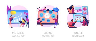 İşletme yönetimi koçluğu, programlama kursları, teknik destek ikonları ayarlandı. Yöneticiler atölye çalışması, kodlama atölyesi, online teknik konuşma metaforları. Vektör izole kavram metaforları