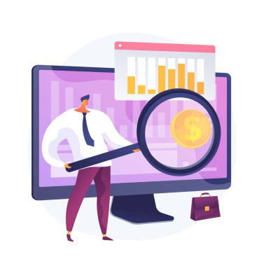 Şirket geliştirme istatistikleri. Finansal analizler, yatırım gelirleri, büyüme oranları. Borsacı, yatırımcı karlı ekonomi sektörlerini analiz ediyor. Vektör izole kavram metaforu