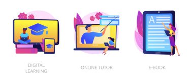 İnternet okulu mezuniyeti, profesyonel öğretmen servisi, elektronik kitap ikonları seti. Dijital öğrenme, online öğretmen, e-kitap metaforları. Vektör izole kavram metaforları