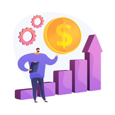 Satış artışı. Ticaret analizleri, kâr analizleri, iş analistleri. Pazarlama planı. Marketolog elinde karikatür karakteri tutuyor. Vektör izole kavram metaforu