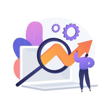 Yazılım testi. Hata bulma, hatalar, yazılım optimizasyonu. Programlama, geliştirme, kodlama. Programcı, SEO uzman çizgi film karakteri. Vektör izole kavram metaforu