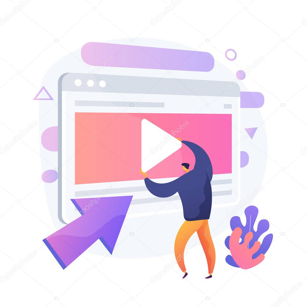 Video content creator, blogger colorful cartoon character. Video editing, uploading, cutting. Arrangement of video shot, manipulation. Vector isolated concept metaphor illustration