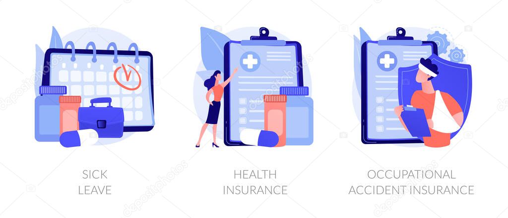 Workplace guarantees and perks. Financing employees diseases treatment. Sick leave, health insurance, occupational accident insurance metaphors. Vector isolated concept metaphor illustrations